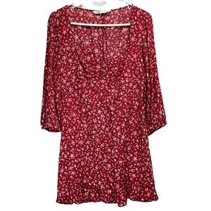 Zara Red Floral Womens 3/4‎ Sleeve Open Neck Side Zipper Dress Medium